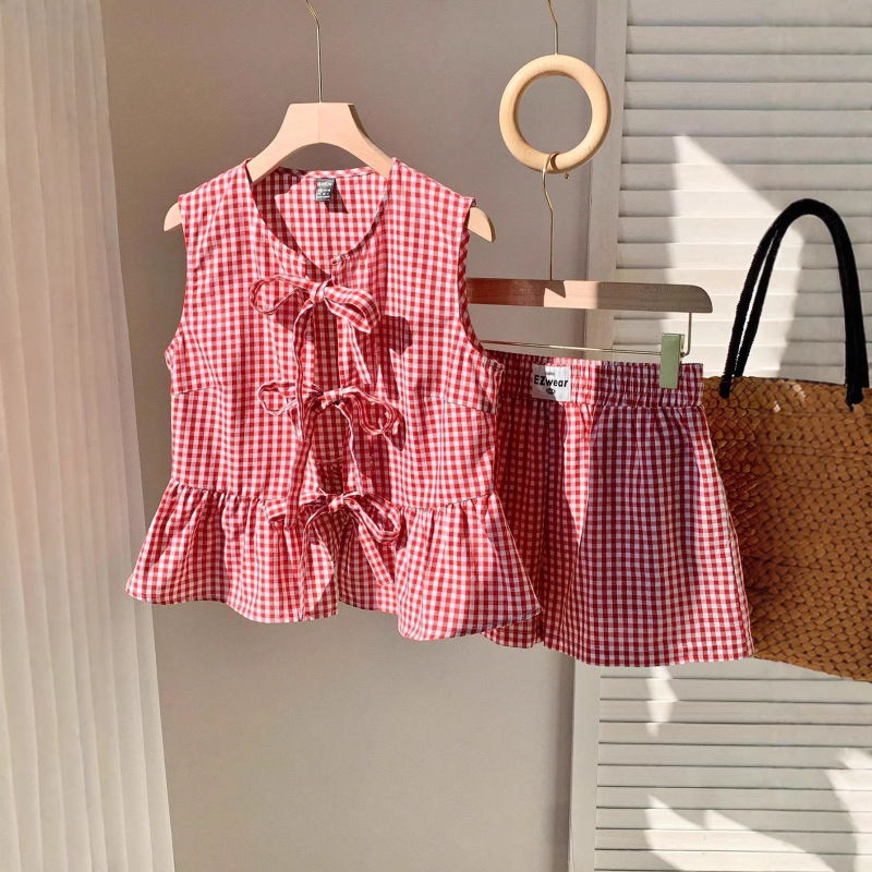 2026 Cross-Border New Style Red and White Plaid Lace-Up Vest and Shorts Set for Women, Casual Two-Piece Set, Direct Cross-Border Supply 2026 Cross-Border New Style Red and White Plaid Lace-Up Vest and Shorts Set for Women, Casual Two-Piece Set, Direct Cross-Border Supply