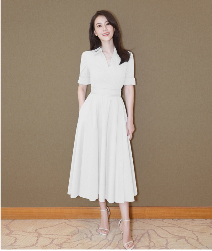 Gao Yuanyuan star same V-neck dress slim bridesmaid wedding dress women's dress white dress summer
