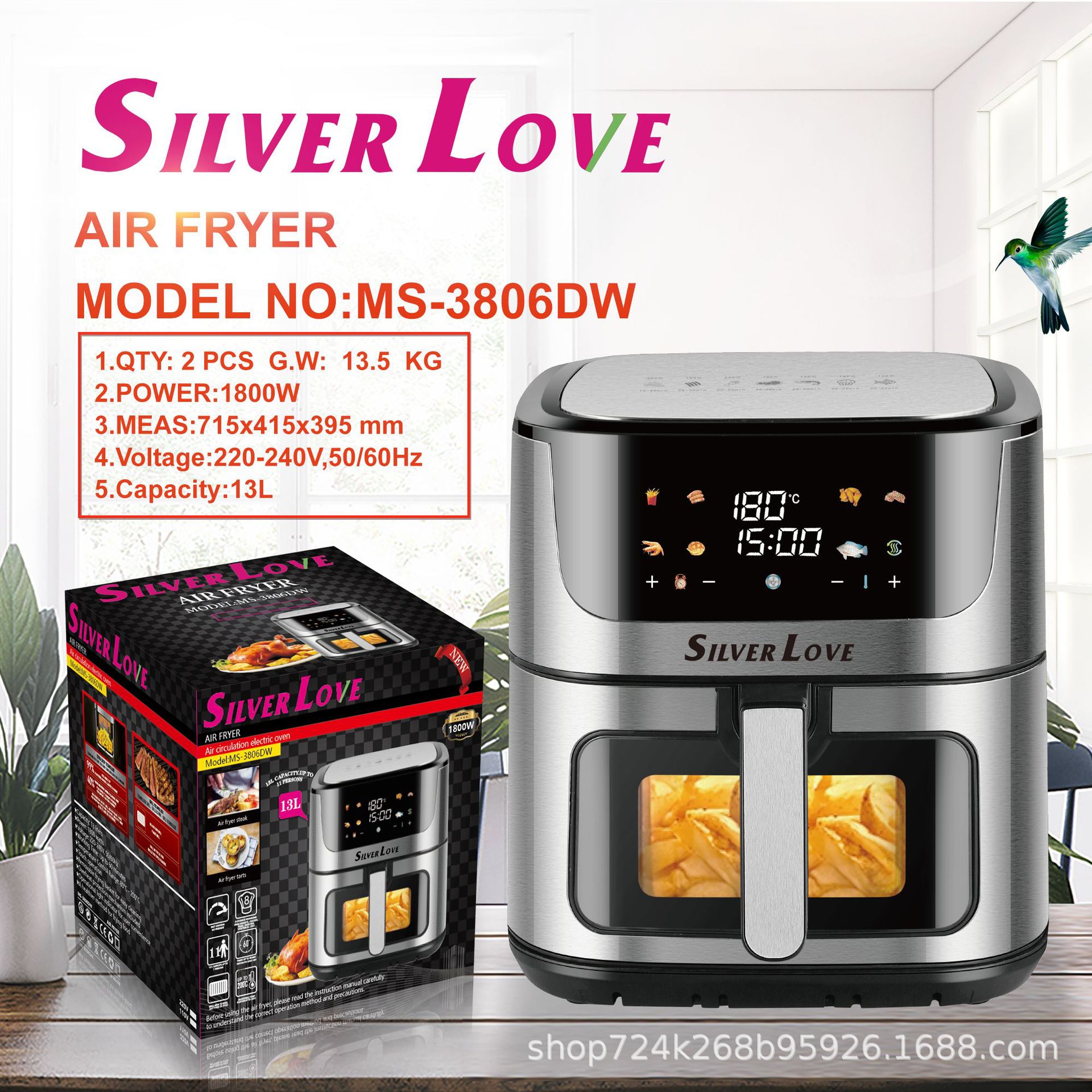Foreign Trade Export 1800W High-Power Air Fryer 13L Large-Capacity Smart Household Stainless Steel Electric Fryer