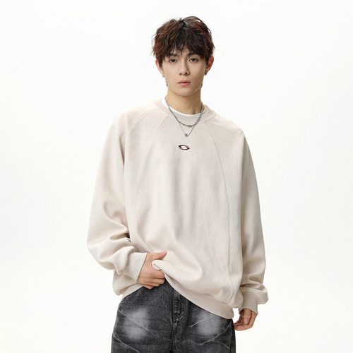 Premium Heavyweight Crew Neck Sweatshirt for Men - Autumn Quality Embroidered Vintage Faux Suede Trend Brand Oversized Drop Shoulder Hooded Sweatshirt
