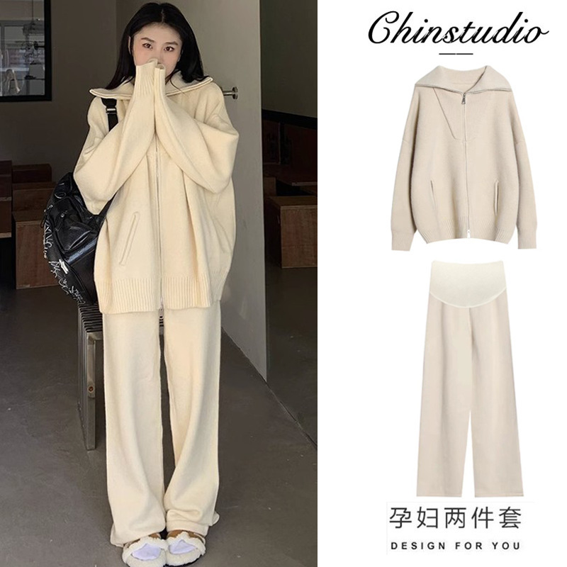 임산부 옷 가을 정장 유행 스타일 외출 대형 사이즈 가을 겨울 스웨터 여성용 2024년 신상품 봄 가을 투피스 정장