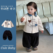 小男孩夹棉翻领拼接外套2025冬季新款加绒裤子两件套婴幼童外出服
