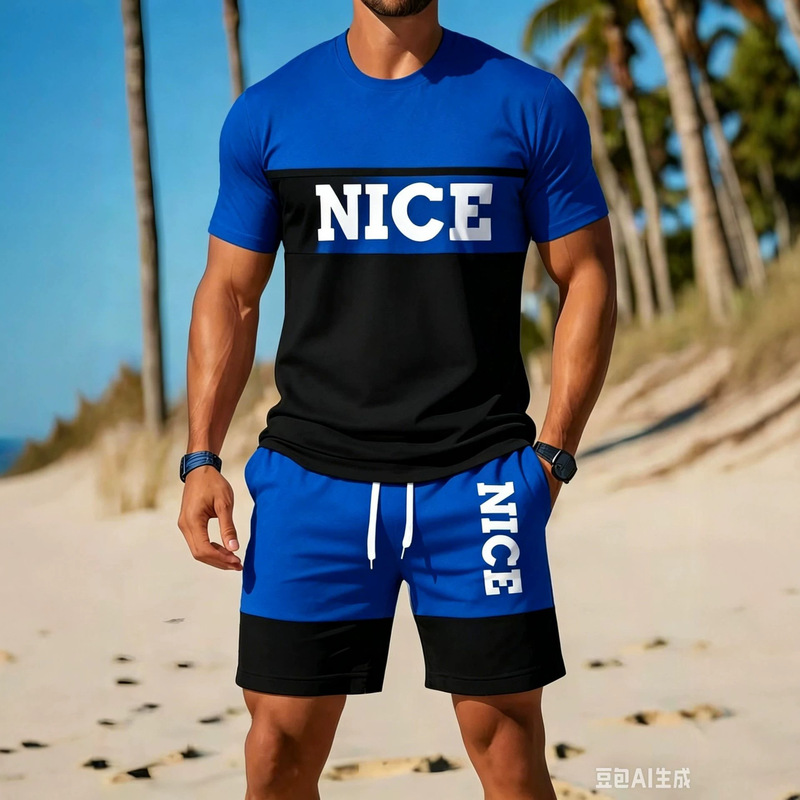 Summer men's gradient outfit with "BALANCE" letter print, short-sleeve T-shirt and shorts two-piece set, casual sports set