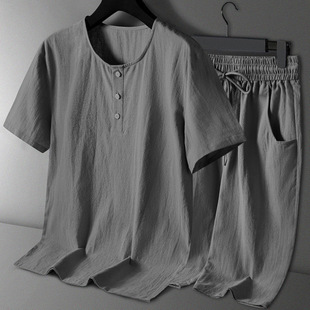 Cotton and Linen Tang Suit Men's Chinese Style Summer Thin Short-Sleeved T-Shirt Linen Suit Chinese Style Men's Han Dynasty Grandpa Clothes