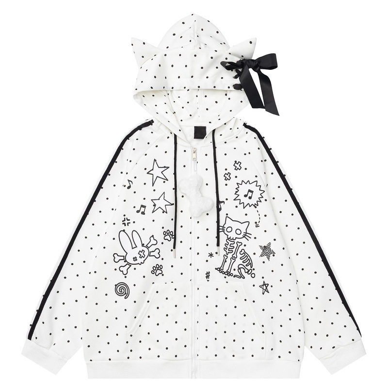 Polka Dot Cat Ear Hooded Zipper Cardigan with Black Satin Bow, Skull, Cat, Dog, Stars, and Music Notes, Loose Sweatshirt for Women Polka Dot Cat Ear Hooded Zipper Cardigan with Black Satin Bow, Skull, Cat, Dog, Stars, and Music Notes, Loose Sweatshirt for Women