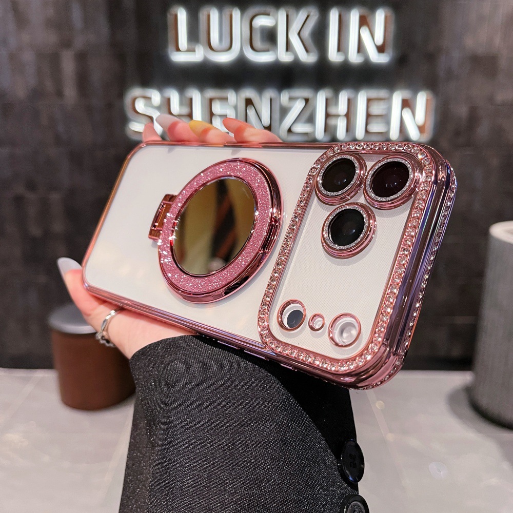 Square Diamond + Glitter Ring Mirror Stand Suitable 17 Pro Max Phone Case, New Model For IPhone 16/15/14_voghion.com