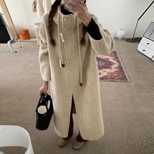 2025秋冬新款韩系高级感双面羊绒大衣女牛角扣连帽加厚羊毛呢外套