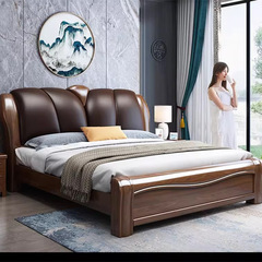金絲胡桃木實木床主臥1.8米大床現代簡約中式婚床輕奢儲物軟包床