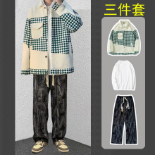 港风夹克宽松春秋冬季外套潮流上衣服套装男一套衣服一身衣服裤子