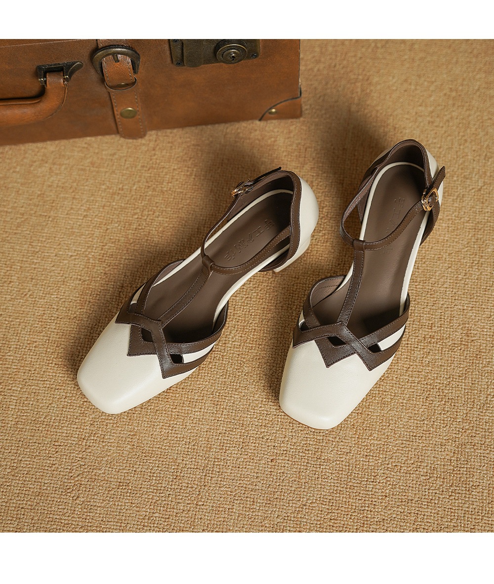 Sandal nữ mũi nhọn quai chữ T gót vuông cổ điển phối màu da bò — đen chi tiết 13