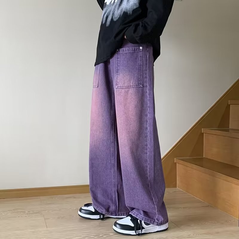 Jeans Men's Design Sense Loose Straight 2023 Spring New High Street Purple Jeans Men's Street Fashion Brand