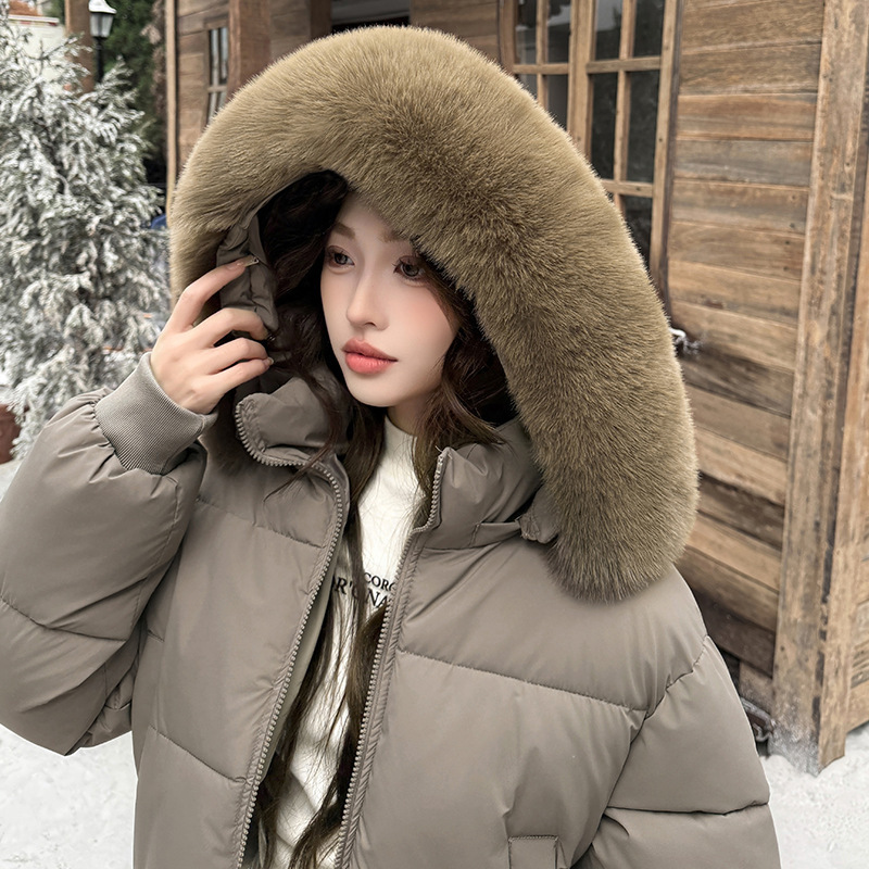 Winter Hooded Oversized Puffer Jacket with Short Fur Collar, Thick