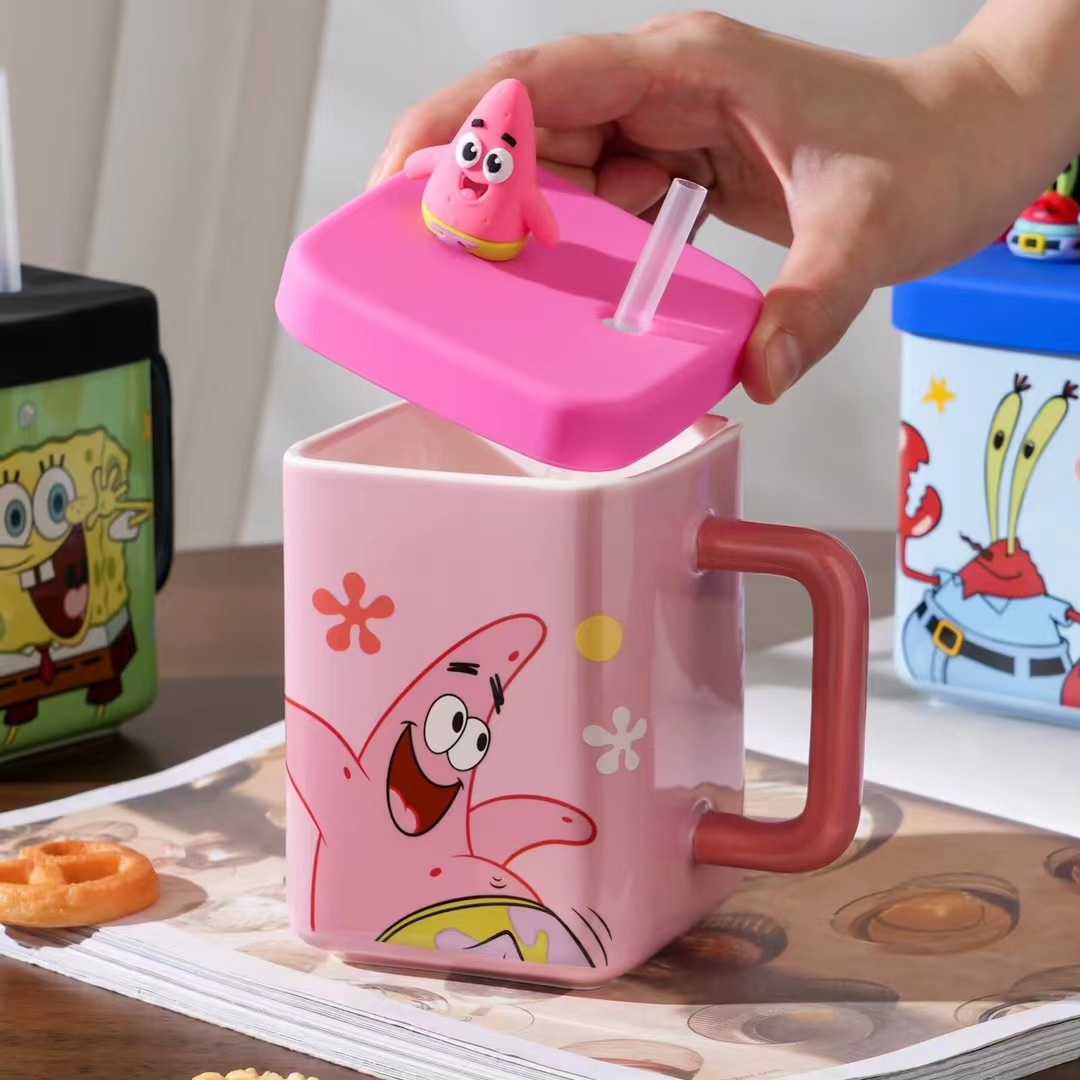 Creativo y auténtico autorizado SpongeBob pie estrella taza de agua de paja taza cuadrada de cerámica de alto valor de regalo de taza de agua