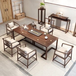 New Chinese Style Solid Wood Tea Table Full Set of Log Large Board Table Office Coffee Table Zen Tea Table and Chair Combination Tea Table