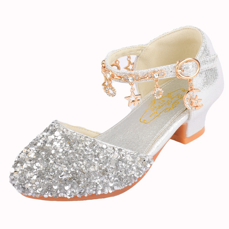 Zapatos de tacón alto de las niñas de cristal brillante primavera y otoño cerrado dedo del pie zapatos de cuero de princesa medio y grande niños estudiante rendimiento Zapatos Sandalias de los niños