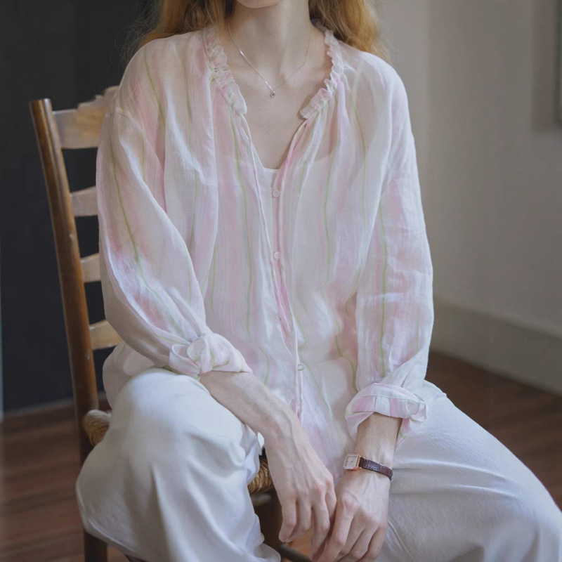 Nice People2026Ss Silk-Edged Tie-Front Loose Long-Sleeve Striped Shirt Cardigan