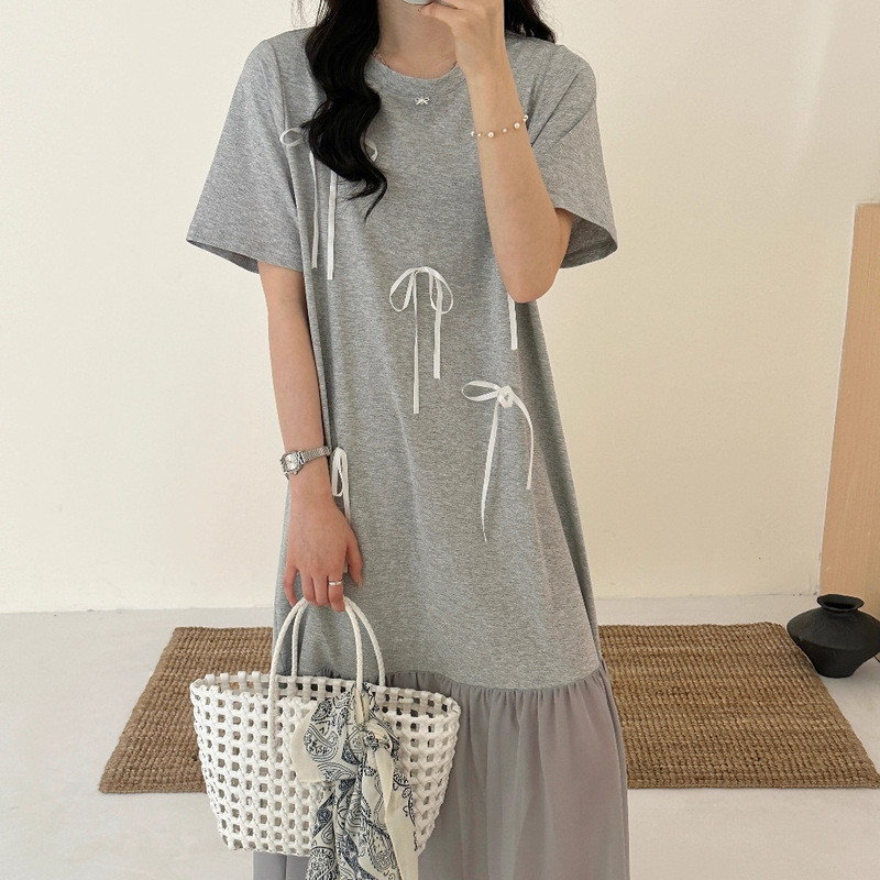 グレーリボンメッシュスプライシングドレスレディースミドル丈2025夏新作韓国風ルーズスイートTシャツドレス|undefined