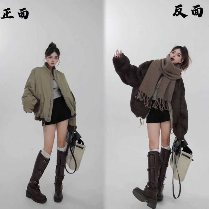 正反两面穿皮草真毛外套女2025秋冬新款韩版休闲兔毛内胆尼克服|undefined