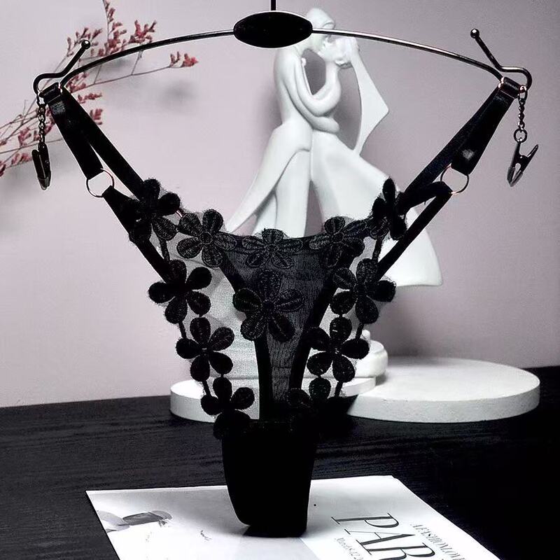 Cross-Border European and American Style Embroidered Floral Thong with Five Flowers, Hollow-Out See-Through Sexy Adjustable Women's T-Pants Cross-Border European and American Style Embroidered Floral Thong with Five Flowers, Hollow-Out See-Through Sexy Adjustable Women's T-Pants