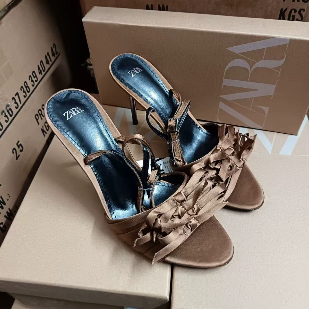 ZA 2025 spring and summer new one-strip olive brown bow decoration sandals brown stiletto heel hollow fashion women's shoes