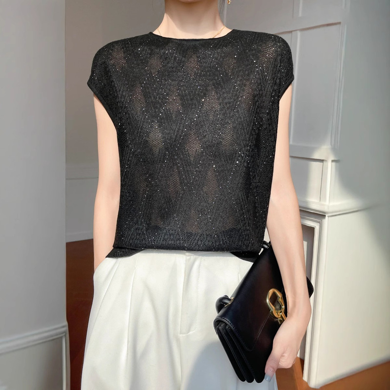 Summer New Style Knitted Women's Rhinestone Short-Sleeve Loose Round Neck Versatile Women's T-Shirt Pullover Knit Thin Top for Women