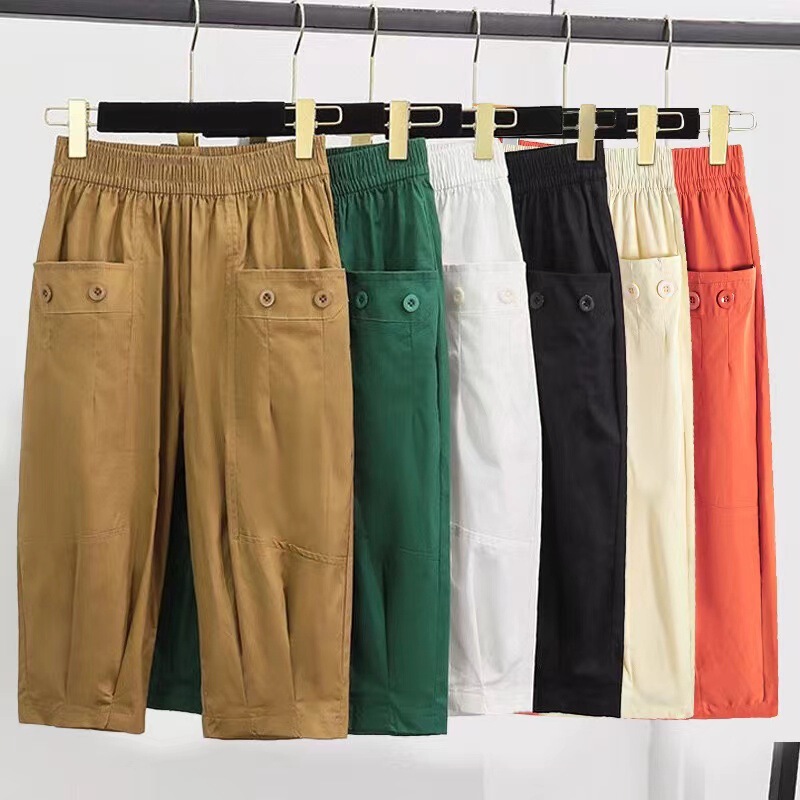 2024 summer new women's casual overalls women's elastic waist cropped pants big pocket button commuter style