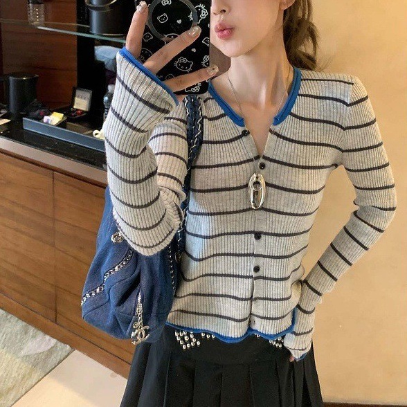 撞色条纹针织开衫女2025年早秋季韩系穿搭chic修身内搭打底上衣女|undefined