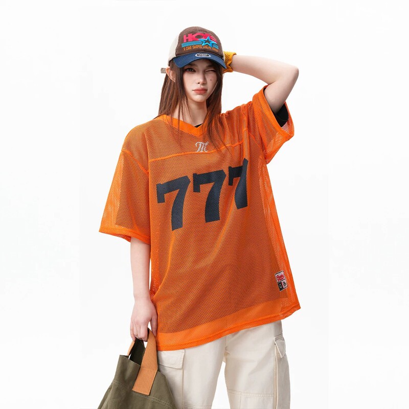 American-Style Hollow-Out Sports Jersey for Women and Men, Summer Digital Print V-Neck Short-Sleeve T-Shirt, Breathable Loose Five-Quarter Sleeve Cover-Up