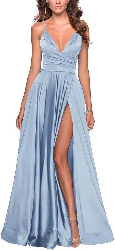 Elegante vestido de fiesta largo con cuello en V dividido, plisado de dama de honor de gasa larga, vestido formal, vestido de noche de satén