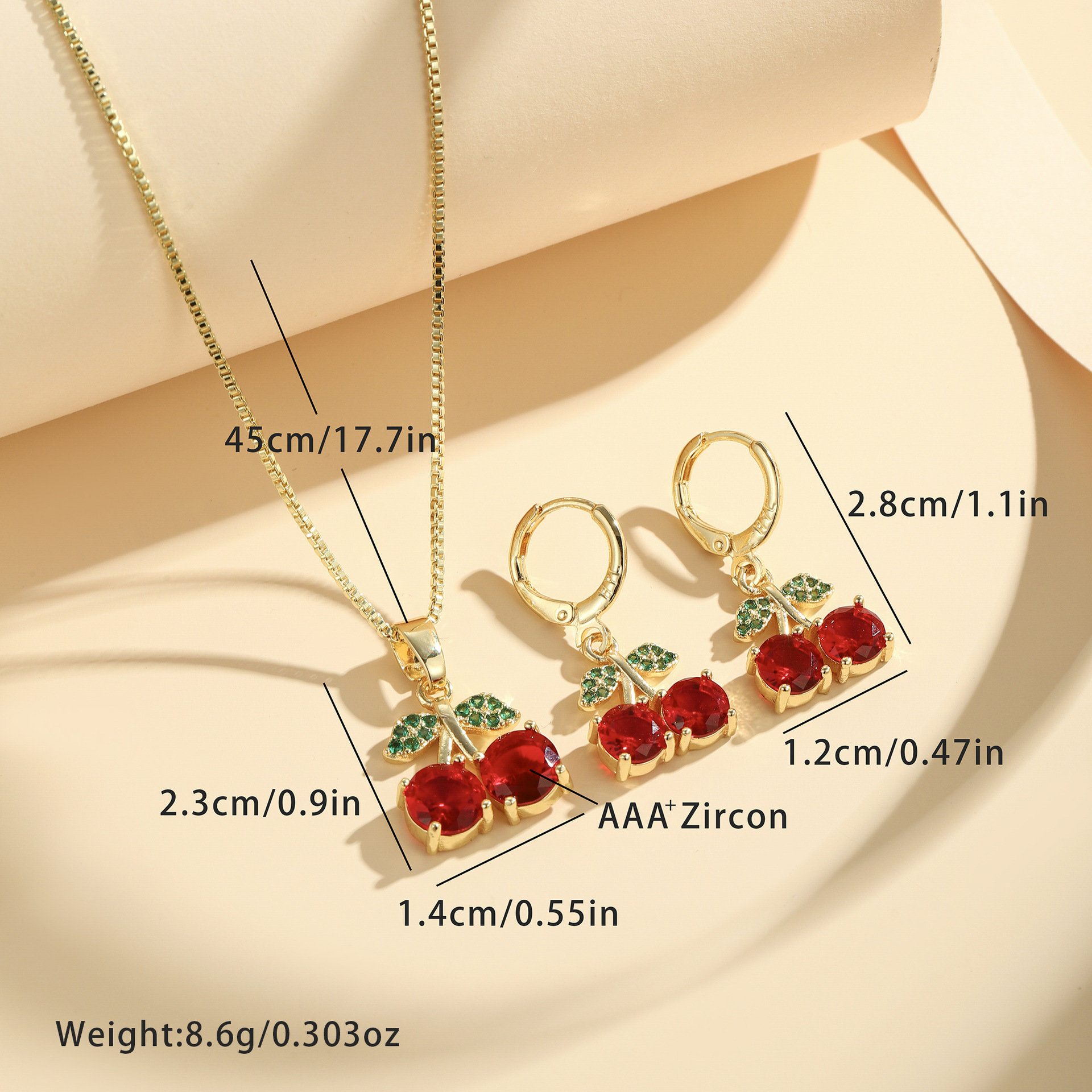Nicho transfronterizo de moda collar de cereza roja conjunto de aretes serie de frutas de cobre dorado zircón clavícula hebilla de aretes image 5