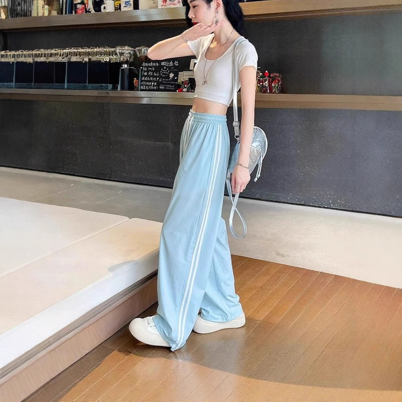 Spliced ​​High-End Yamamoto Pants for Women, Straight-Leg Commuter Style Sports Slimming Summer Thin Popular Side Striped Pants