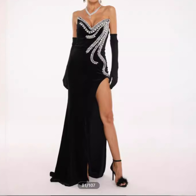 Black Sexy Sleeveless Tube Top with Diamond Ornaments Tight Casual Split Long Floor-length dress Dress Women Black Sexy Sleeveless Tube Top with Diamond Ornaments Tight Casual Split Long Floor-length dress Dress Women