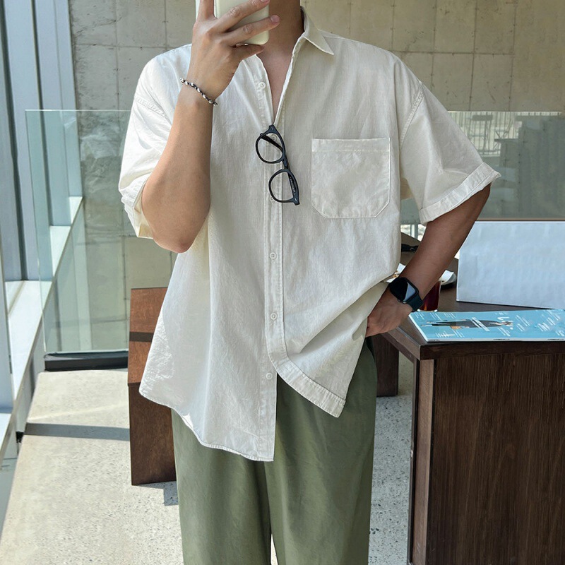 Myq Simple Pure Color Short-Sleeved Shirt Men's Summer Loose Casual Shirt Korean Style Trendyy Lapel Half-Sleeved Top