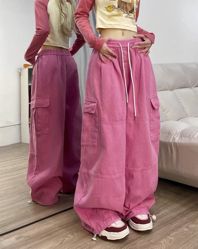 アメリカのレトロなピンクの服装のズボンの女性の春秋のまっすぐな筒のゆったりしている広脚の高い腰はやせているカジュアルなズボンのデニムのズボンの潮を現します。|undefined