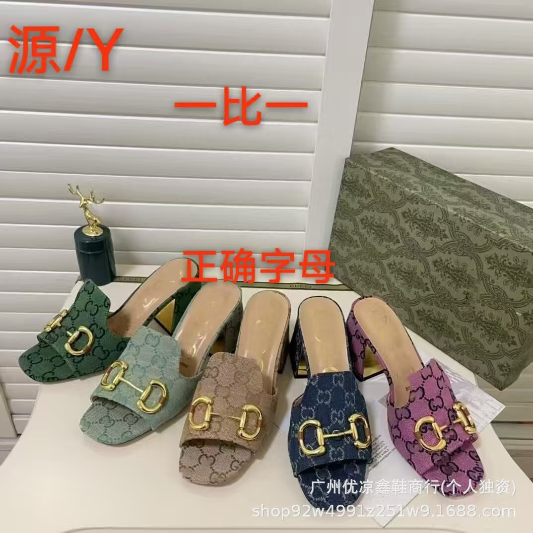 外贸G家2026时尚金属扣一字粗跟拖鞋大气方头舒适百搭外贸直批坡p