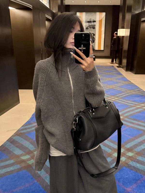 灰色高领针织开衫毛衣外套女秋冬新款爆款韩系慵懒高级感跨境上衣|undefined
