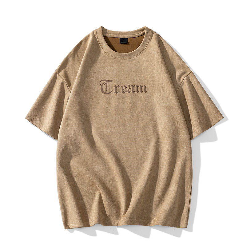Trendy men's suede short sleeved T-shirt men's summer American loose fitting T-shirt half sleeved upper garment_voghion.com