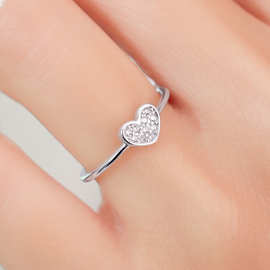 S925通体纯银 日韩网红简约ins风镶钻素戒甜美爱心戒指钻石