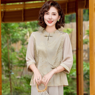 Mother's Summer New Chinese Chiffon Shirt 2025 Summer New Middle-aged and Elderly Summer Clothes Western Style Top