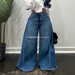 y2k欧美跨境甜辣风复古阔腿裤拼接设计感蓝色水洗牛仔裤拖地裤ins