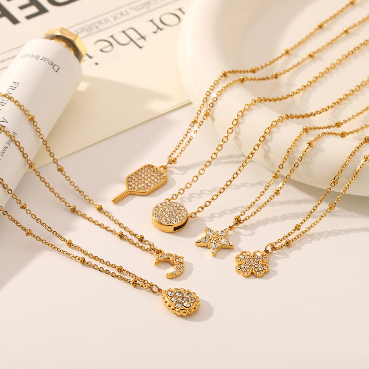Titanium Steel Chain Material Wholesale Jewelry Retro Classic Style Star Moon Water Droplets Titanium Steel 18K Gold Plated Cable Chain Pendant Necklace