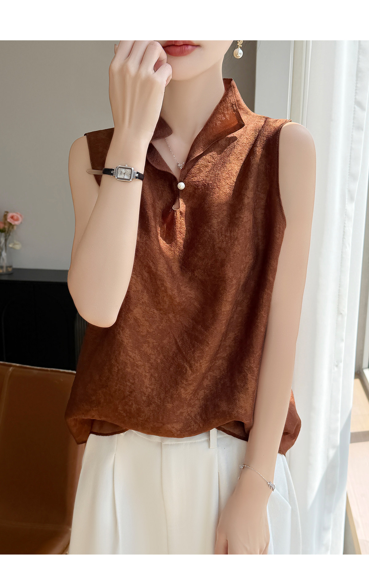 Áo sơ mi không tay cổ lật nữ chất tơ tằm phong cách quốc gia — Champagne màu chi tiết 21