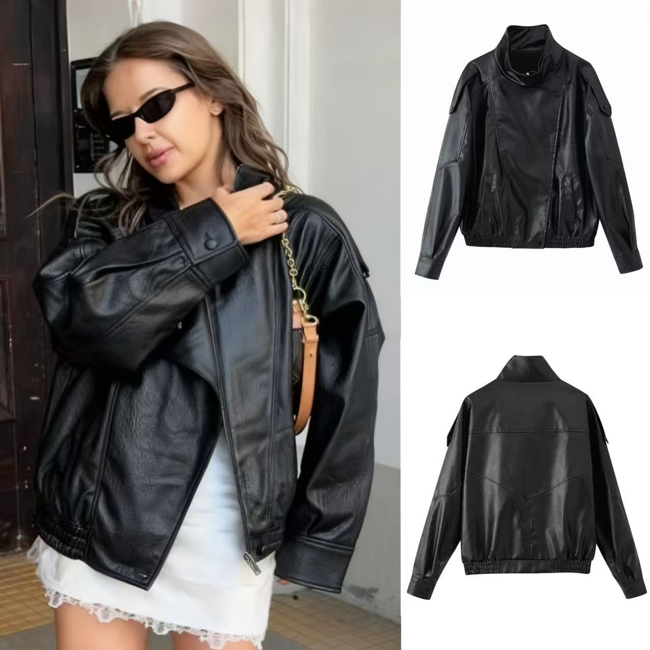 Za Aliexpress Popular Cross-Border Export European and American Style Women's Long-Sleeved Stand-Up Collar Leather Jacket Jacket