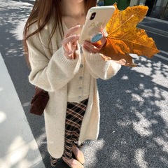 新款V领针织开衫秋女宽松软糯针织背心两件套毛衣外套慵懒风上衣