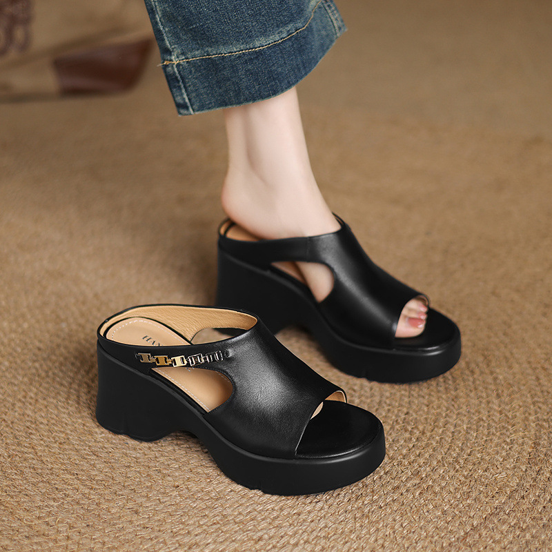 Dép sandal quai ngang nữ đế xuồng da bò mũi vuông hở mũi gót dày — đen