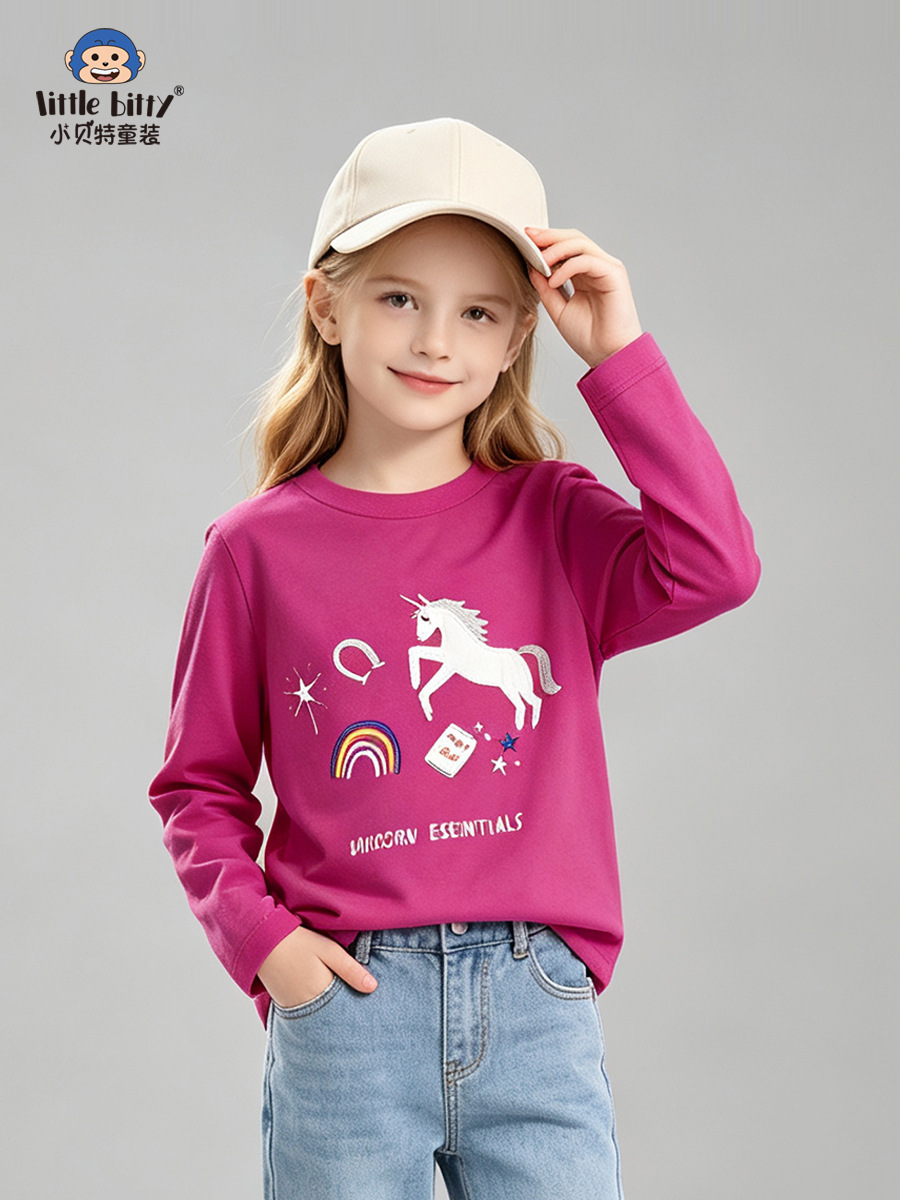 Cross-border supply 2026 children's long-sleeve T-shirt with cartoon unicorn and rainbow embroidery, round-neck European and American style girls' T-shirt