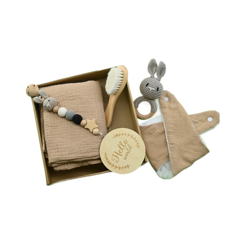Nuevo bebé animal crochet campana de madera caja de regalo de nacimiento juego cadena de chupete bebé nacimiento luna llena regalo