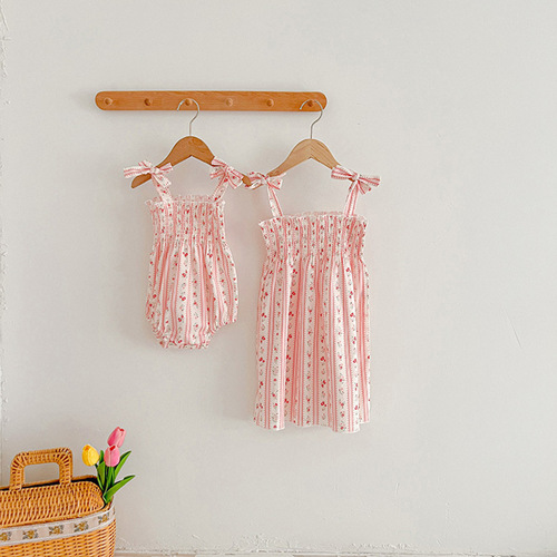 Floral Print Girls' Summer Dress Sister Set Korean Style Butterfly Strap Princess Dress Baby Girl Bodysuit T-shirt