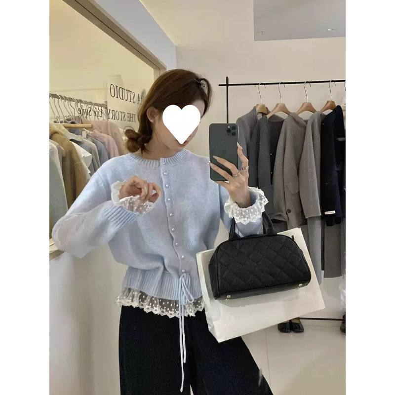 韩系甜美减龄蕾丝花边收腰系带毛衣女士春秋宽松显瘦百搭圆领上衣|undefined