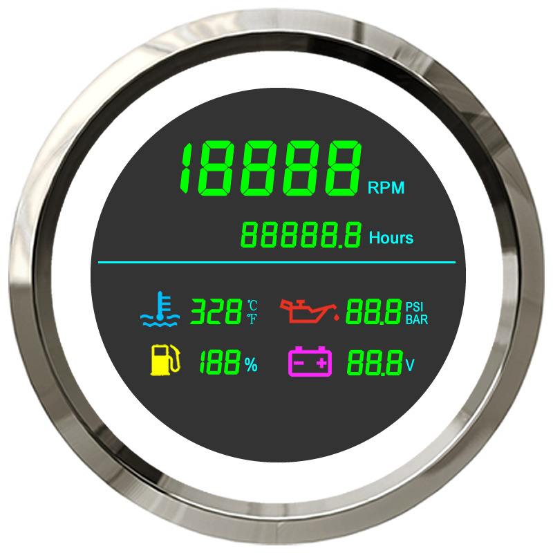 New 85mm multifunctional LCD tachometer with hour meter water temperature oil pressure oil level voltmeter
